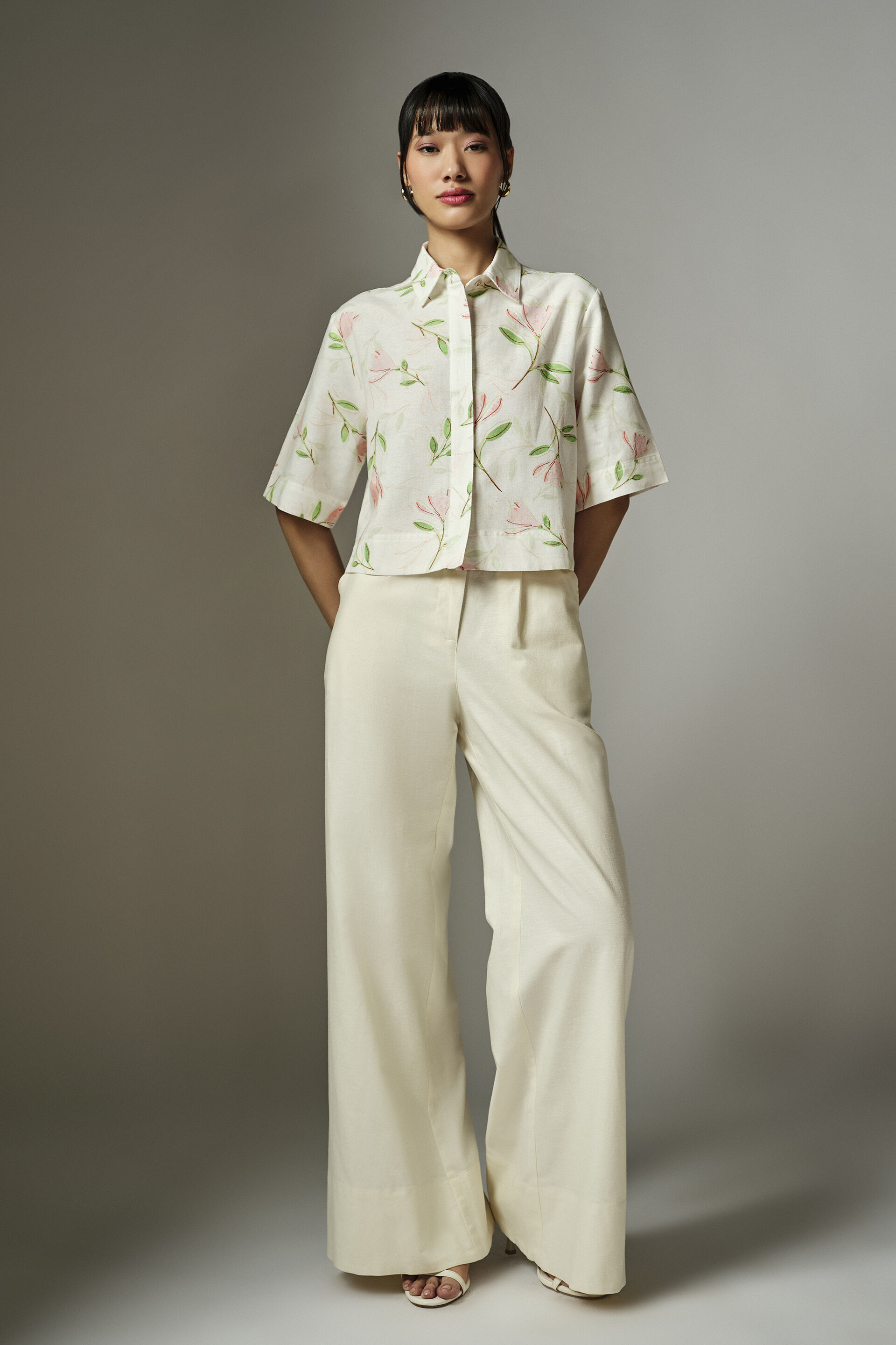 Floral White Cropped Shirt, Pink, image 4